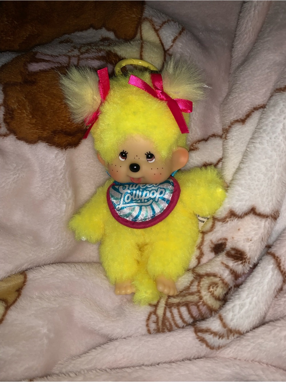 Yellow Monchhichi Style Plush Keychain with Pink Bows